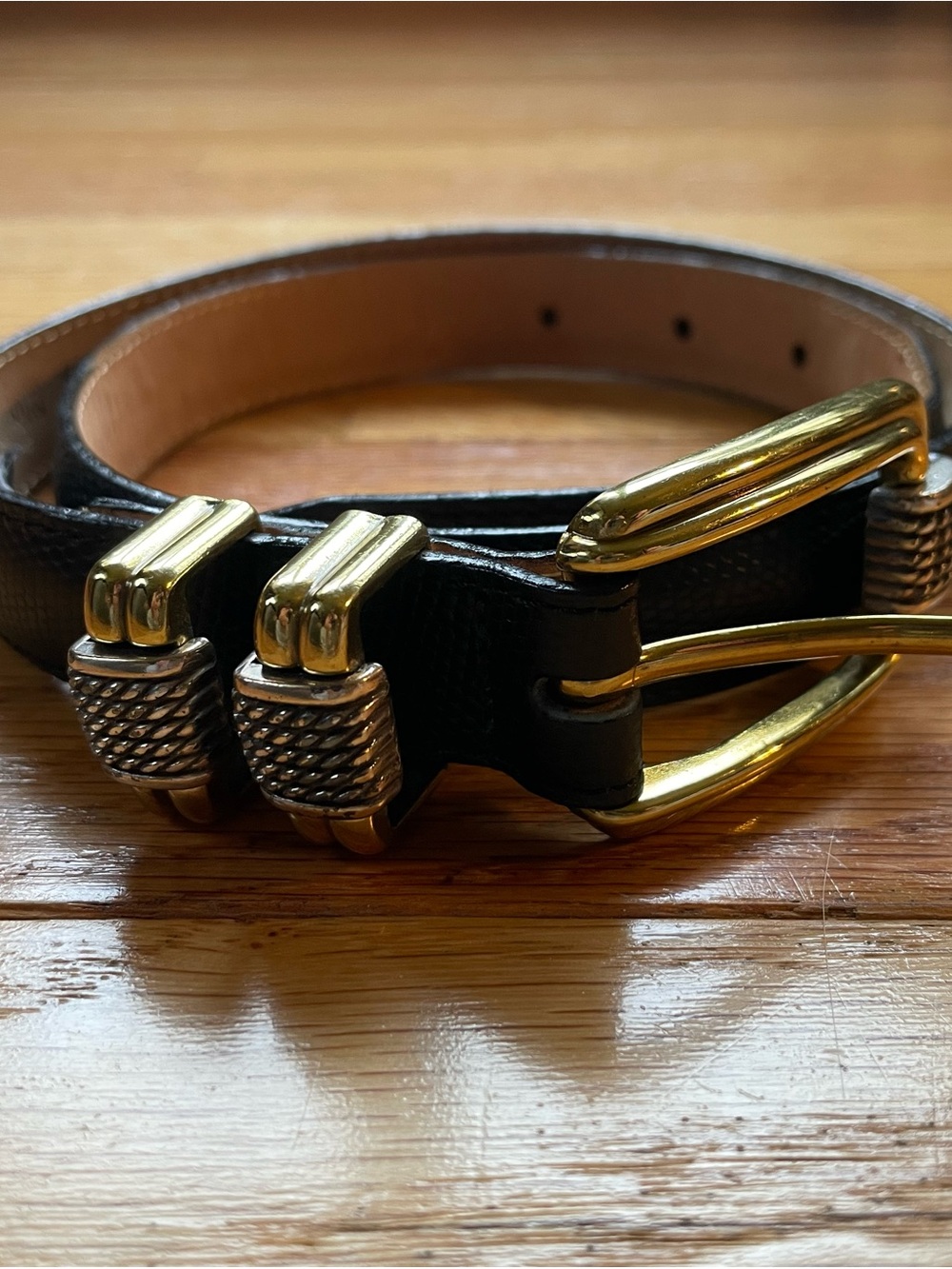 Vintage Brighton Black Leather lizard embossed Belt with Gold-Tone Hardware
